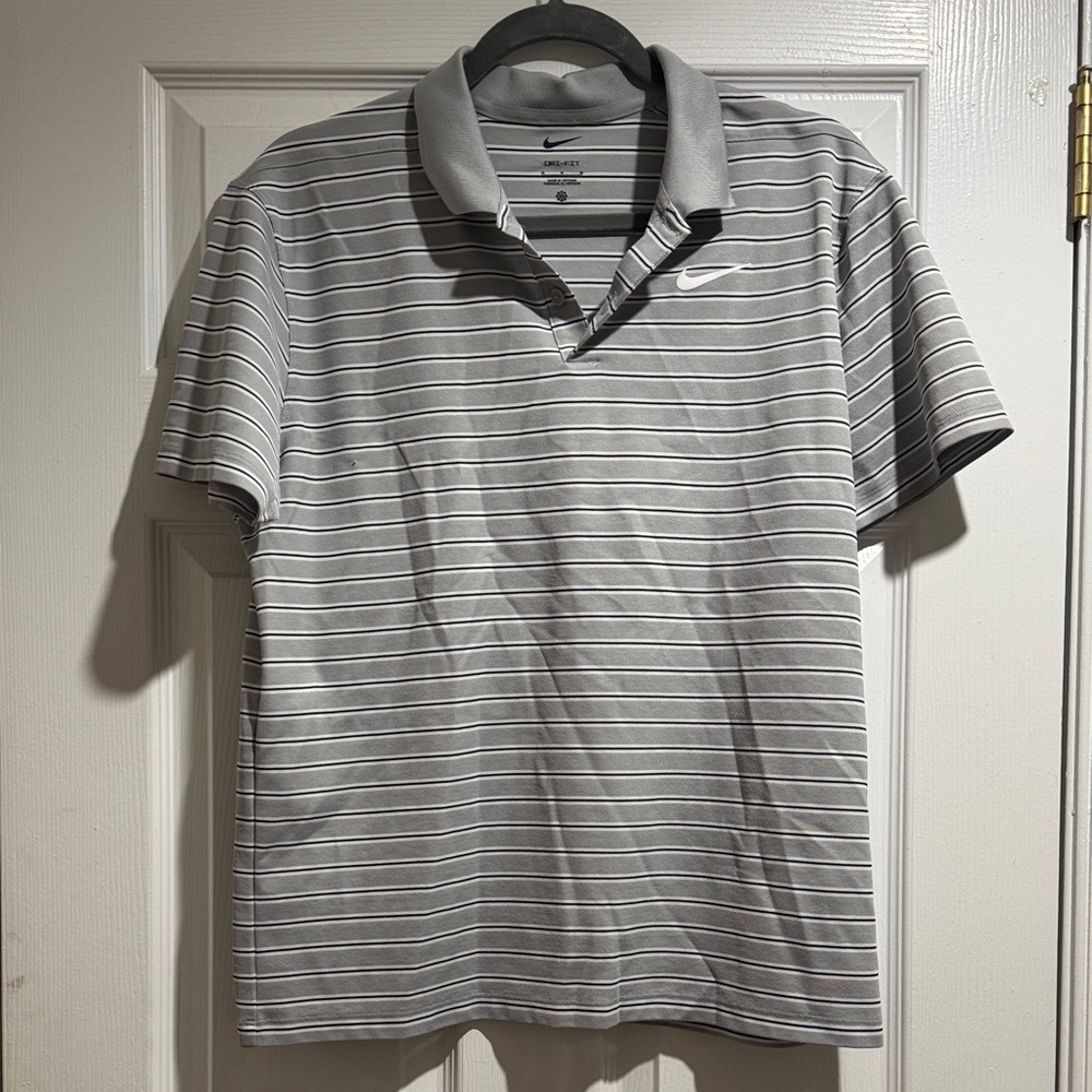 Nike Men's Polo Shirt in Gray and White Stripes